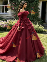Burgundy Tulle Long Sleeve 3D Flower Quinceanera Dress