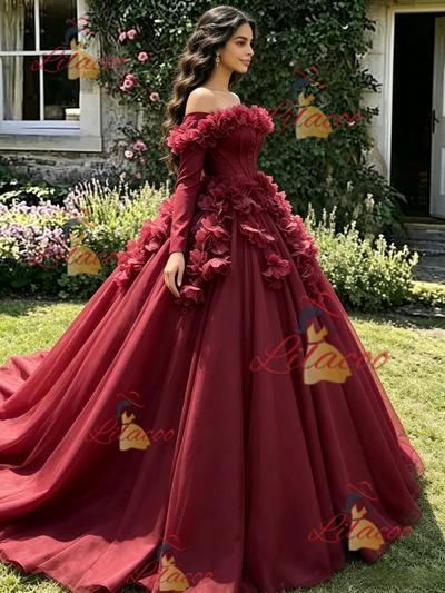 Burgundy Tulle Long Sleeve 3D Flower Quinceanera Dress