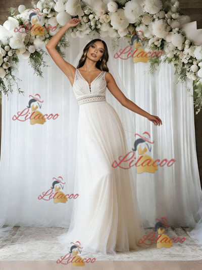 Beige White Tulle V-neck Wedding Dress