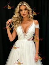 White Tulle Straps Pleats Wedding Dress