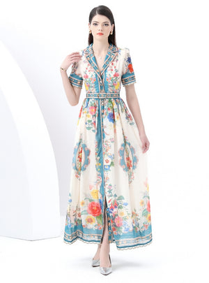 Short Sleeve Printed Long Dress