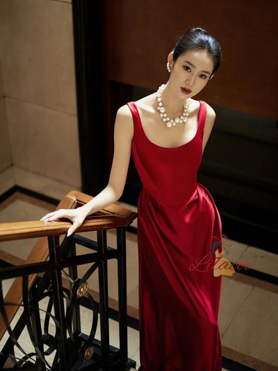 Burgundy Satin Straps Pleats Prom Dress