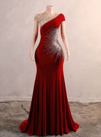 Navy Blue Mermaid Velvet Sequins Beading Prom Dress
