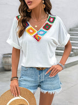 Casual V-neck Color Crochet Stitching Top