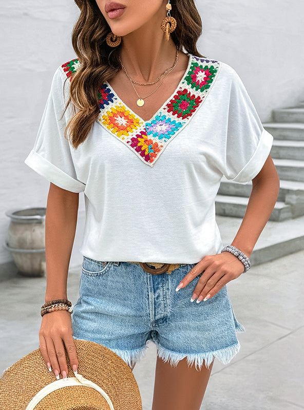 Casual V-neck Color Crochet Stitching Top