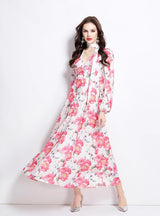 Lace Long Sleeve Printed Deep V-neck Dress