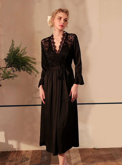 Satin Lace Long Sleeve One Piece Robe Nathrobe