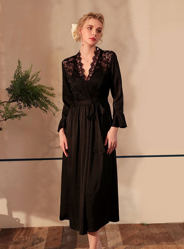 Satin Lace Long Sleeve One Piece Robe Nathrobe