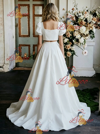 White Satin Puff Sleeve Wedding Dress
