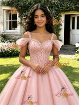 Pink Tulle Straps Beading Quinceanera Dress