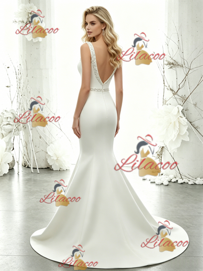 White Mermaid Satin Straps Beading Wedding Dress