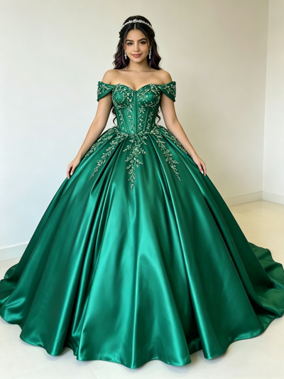 Green Satin Off the Shoulder Appliques Quinceanera Dress