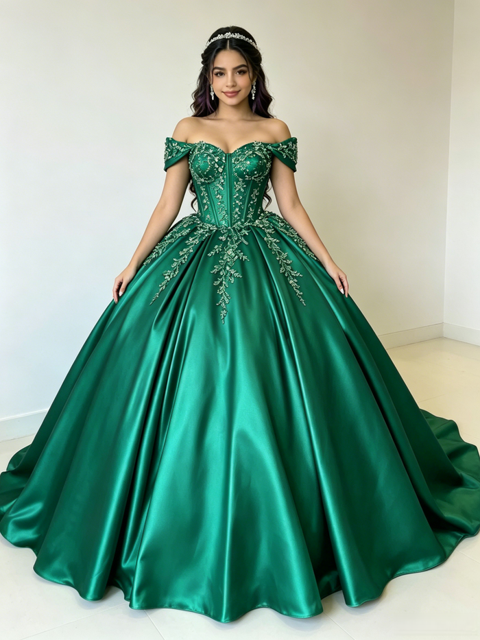 Green Satin Off the Shoulder Appliques Quinceanera Dress