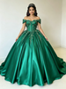 Green Satin Off the Shoulder Appliques Quinceanera Dress