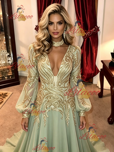 Green Chiffon Sequins Long Sleeve Prom Dress