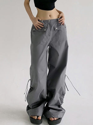 Solid Color Pleated Pocket Low Waist Pant