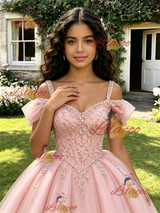 Pink Tulle Straps Beading Quinceanera Dress