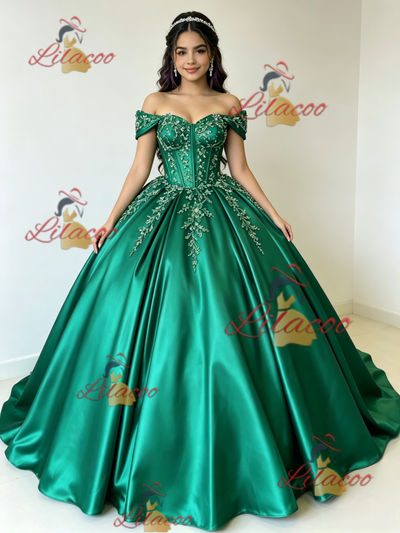 Green Satin Off the Shoulder Appliques Quinceanera Dress