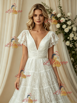 White Lace V-neck Wedding Dress