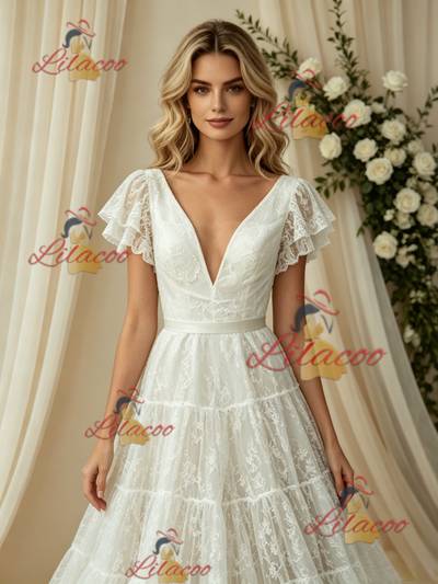 White Lace V-neck Wedding Dress