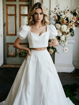 White Satin Puff Sleeve Wedding Dress