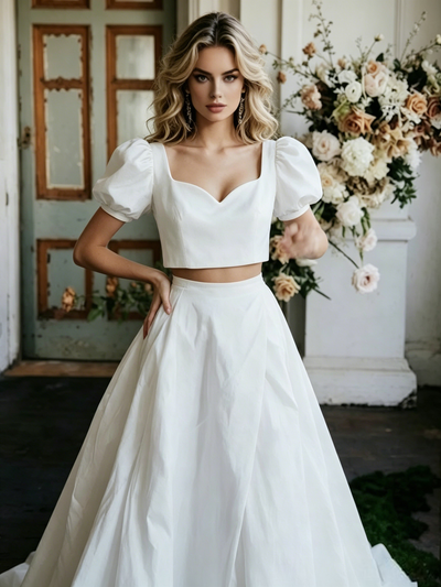 White Satin Puff Sleeve Wedding Dress