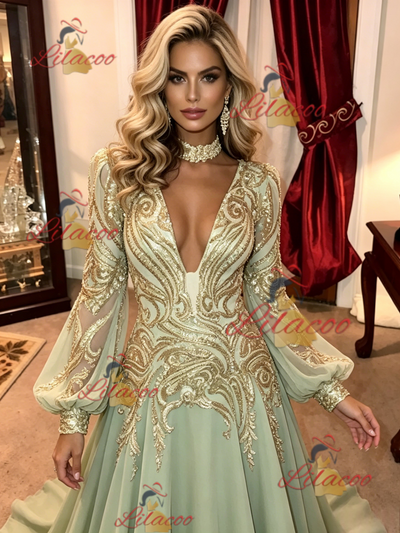 Green Chiffon Sequins Long Sleeve Prom Dress