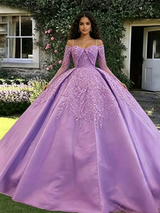 Purple Long Sleeve Straps Appliques Quinceanera Dress