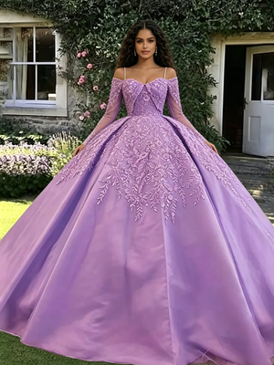 Purple Long Sleeve Straps Appliques Quinceanera Dress