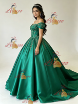 Green Satin Off the Shoulder Appliques Quinceanera Dress