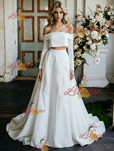 White Two Pieve Off the Shoulder Long Sleeve Wedding Dress