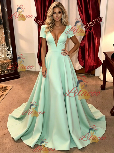 Green V-neck Short Sleeve Prom Dress