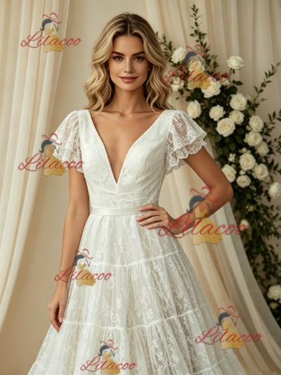 White Lace V-neck Wedding Dress