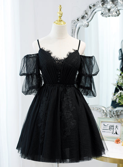 Black Tulle Lace Pleats Homecoming Dress