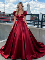 Burgundy Satin Puff Sleeve Prom Dress