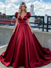 Burgundy Satin Puff Sleeve Prom Dress
