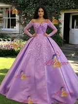 Purple Long Sleeve Straps Appliques Quinceanera Dress
