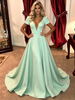 Green V-neck Short Sleeve Prom Dress