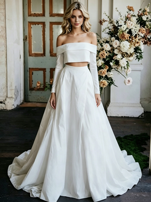 White Two Pieve Off the Shoulder Long Sleeve Wedding Dress