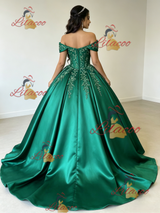 Green Satin Off the Shoulder Appliques Quinceanera Dress