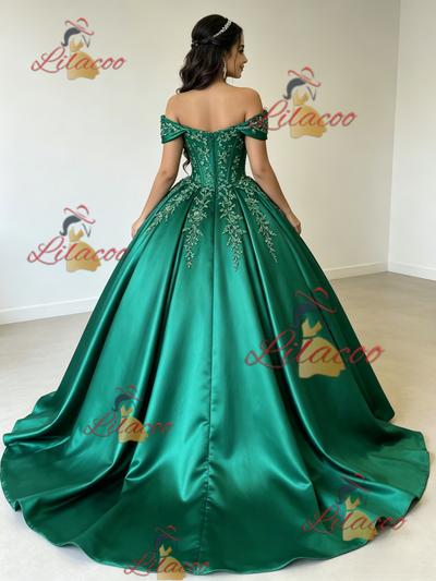 Green Satin Off the Shoulder Appliques Quinceanera Dress