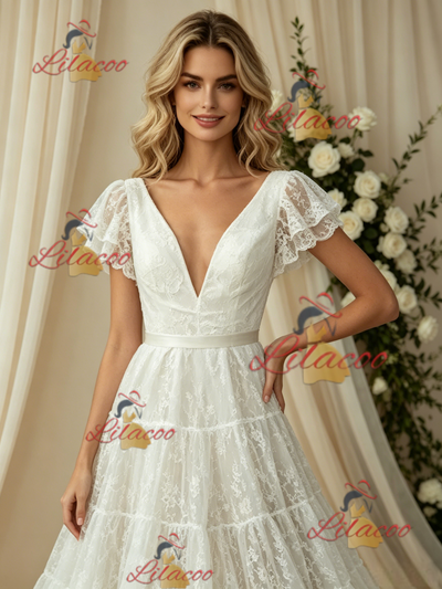 White Lace V-neck Wedding Dress