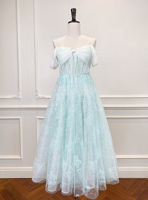 Green Tulle Sequins Straps Prom Dress