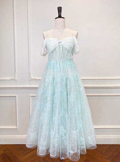 Green Tulle Sequins Straps Prom Dress