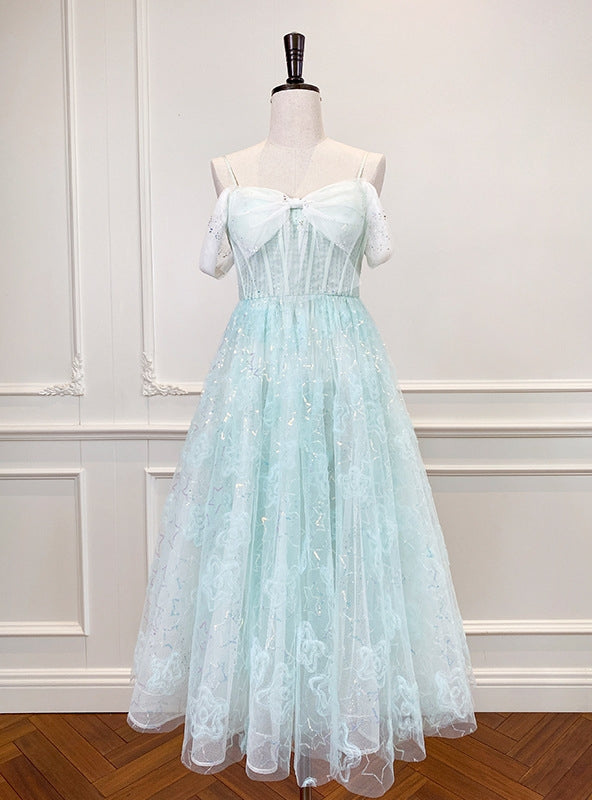 Green Tulle Sequins Straps Prom Dress