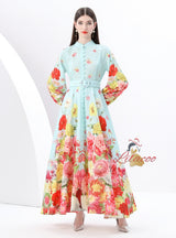 Retro Stand-up Printed Long Dress