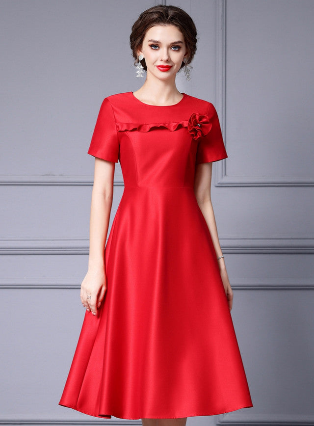 Red Satin Short Sleeve Mother Of The Bride Dress