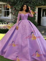 Purple Long Sleeve Straps Appliques Quinceanera Dress