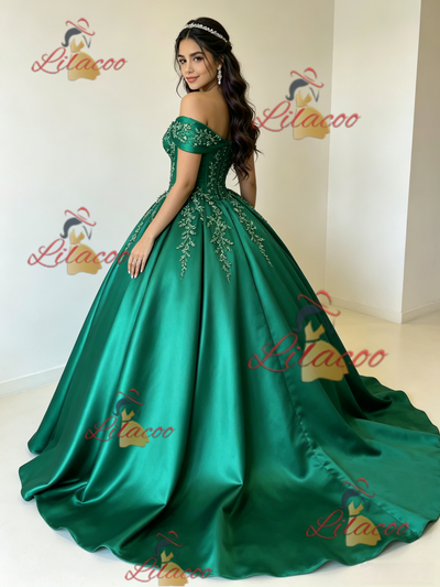 Green Satin Off the Shoulder Appliques Quinceanera Dress