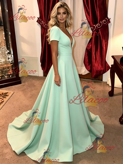 Green V-neck Short Sleeve Prom Dress